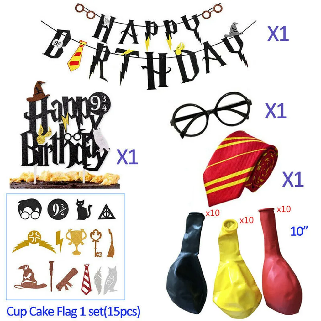 Pharmavita Ltd 49 Stück / Set Kindergeburtstagsdekorationen, Ein Komplettes Set Harry-Potter-Dekorationen, Krawatten, Gläser, Flaggen, Karten, Luftballons – Bild 2