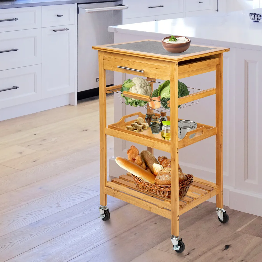 ONVAYA Küchenwagen Kyoto Auf Rollen, Küchenrollwagen Aus Bambus Mit Arbeitsplatte Schwarz Aus Stein, Praktischer Beistellwagen Für Die Küche Inkl. Schubladen – Bild 6