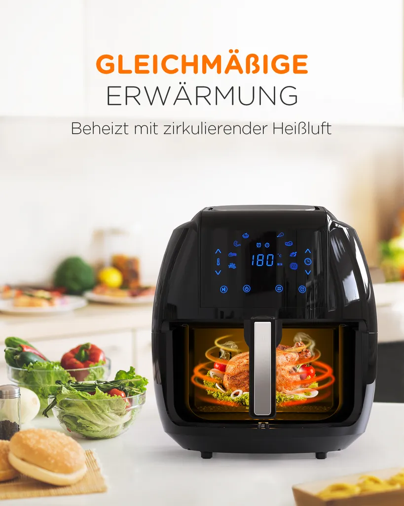 Tomons Heißluftfritteuse XXL 5,5 L Elektrofritteuse, 1800W, Airfryer Ohne Fett Und Öl, Friteuse Heißluft Mit 8 Voreinstellungen, Alarmtimer, Digitales Touch-Display, Frittierkorb Und Rezeptheft – Bild 6