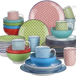 Kombiservice Porzellan, Vancasso Tafelservice Bunt, MACARON 40 Teilig Geschirrset, Mit Je 8 Speiseteller, Dessertteller, Müslischalen, Suppenteller Und Kaffeebecher Für 8 Personen