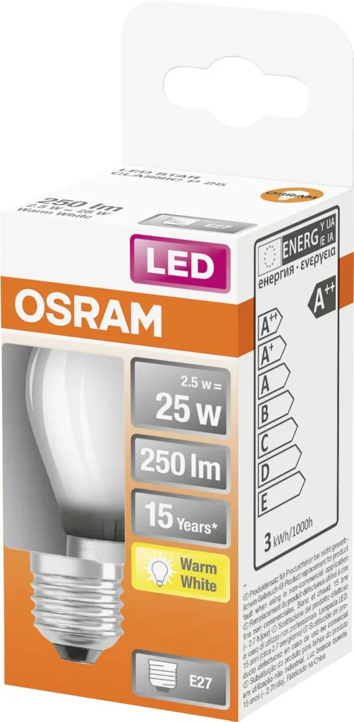 Osram LED Filament Leuchtmittel Tropfen P45 2,5W = 25W E27 Matt 250lm 827 Warmweiß 2700K – Bild 4