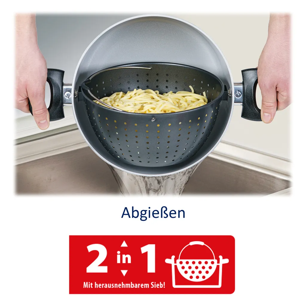 Genius Cerafit Magic Pot Kochtopf-Set 20cm - Topf 3,7l Mit Siebeinsatz & Glas-Deckel Für Einfaches Kochen, Drehen, Dünsten & Servieren; A24661 – Bild 4