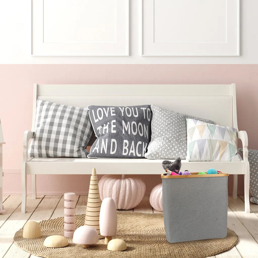 KAHOO Wäschekorb 73L Wäschesammler Aus Bambus + Leinen, 45x36x45cm, Faltbarer Sortier, Wäschebox Mit Deckel Und Griffen, Für Spielzeuge – Bild 8