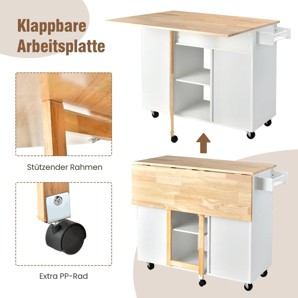 COSTWAY Küchenwagen Mit Ausziehbarer Arbeitsfläche, Servierwagen Auf Rollen, Kücheninselwagen Holz, Küchenschrank Mit Ablagen & Schublade & Gewürzregal, Küchentrolley Für Küche Esszimmer (Weiß) – Bild 5