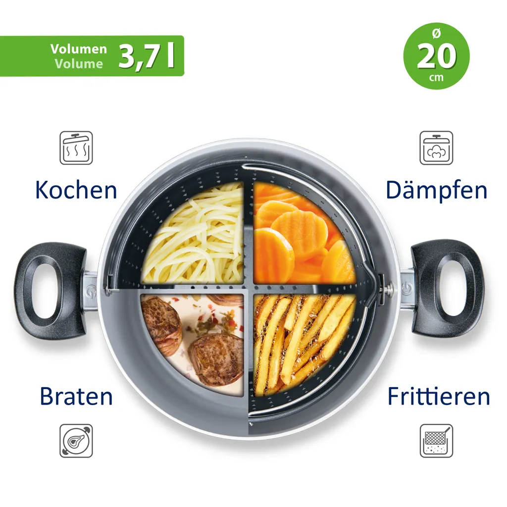 Genius Cerafit Magic Pot Kochtopf-Set 20cm - Topf 3,7l Mit Siebeinsatz & Glas-Deckel Für Einfaches Kochen, Drehen, Dünsten & Servieren; A24661 – Bild 3