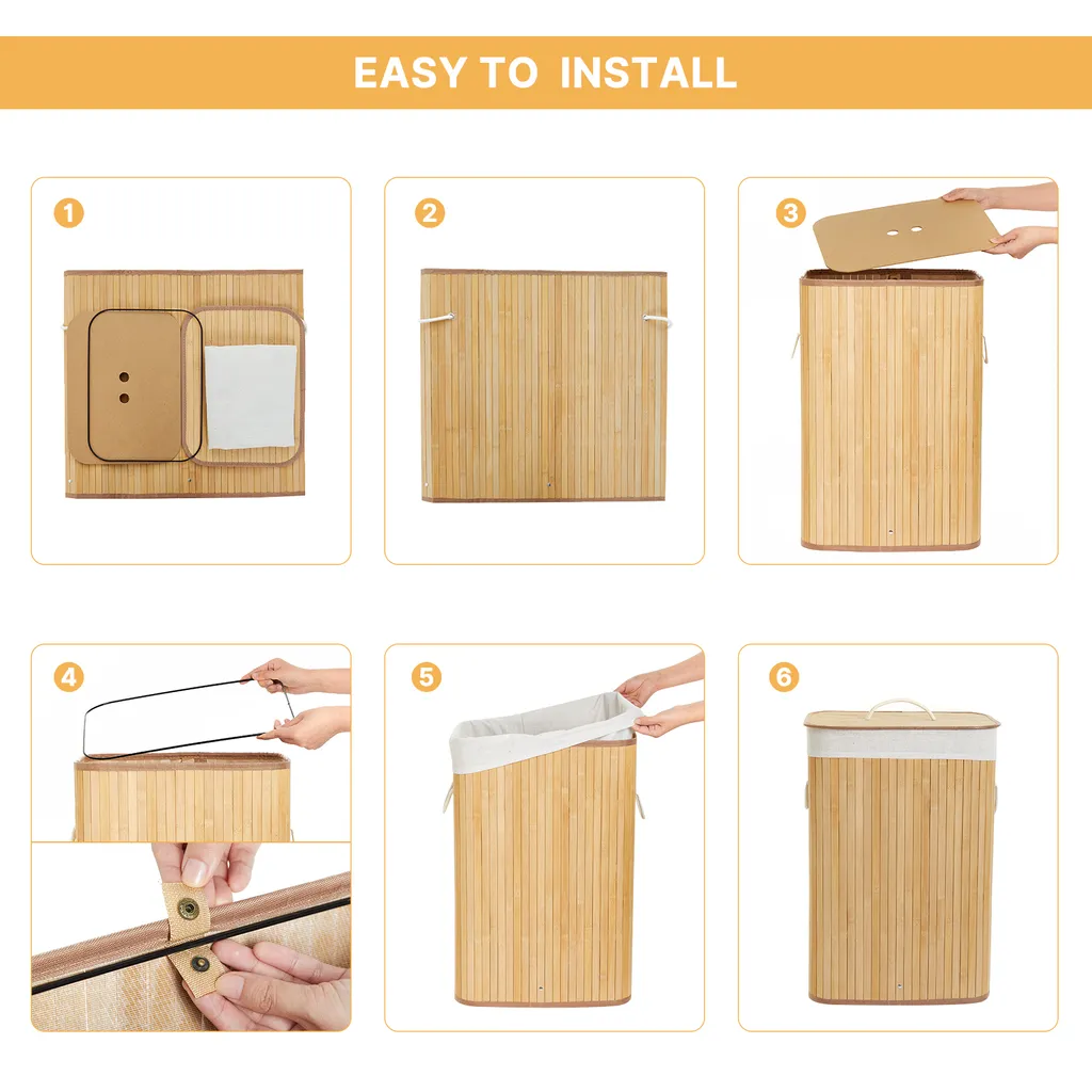 Meerveil Wäschekorb Aus Bambus, Wäschebox, Wäschesammler, Faltbar, Mit Abnehmbarem Deckel Und Waschbarem Futter, 72L, 40 X 30 X 60 Cm – Bild 6