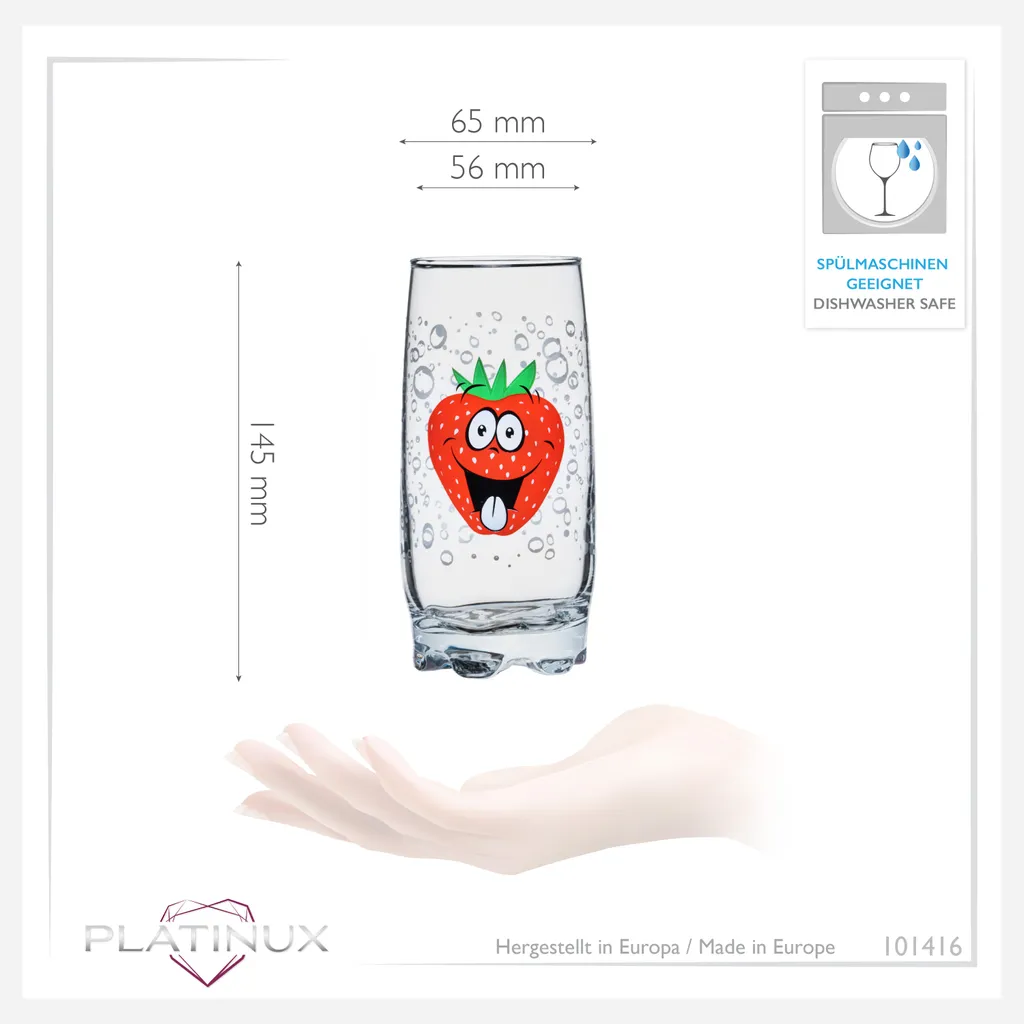 PLATINUX Trinkgläser Mit Lustigen Fruchtgesichtern 350ml (max. 400ml) Set 6 Teilig Aus Glas Bunt – Bild 4