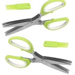 BAYLI 2er Set - 5 Klingen Kräuterschere Küche Aus Edelstahl | Mehrzweckschere Mit Reinigungsbürste | Universal Küchenschere Mit 5 Edelstahlklingen | Kräuterschneider | Gemüseschere Schnittlauchschere - Grün