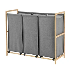 ACAZA Großer Wäschesortierer Mit 3 Fächern - Geräumiger Wäschekorb In 3 Teilen - Stoff / Bambus - Grau