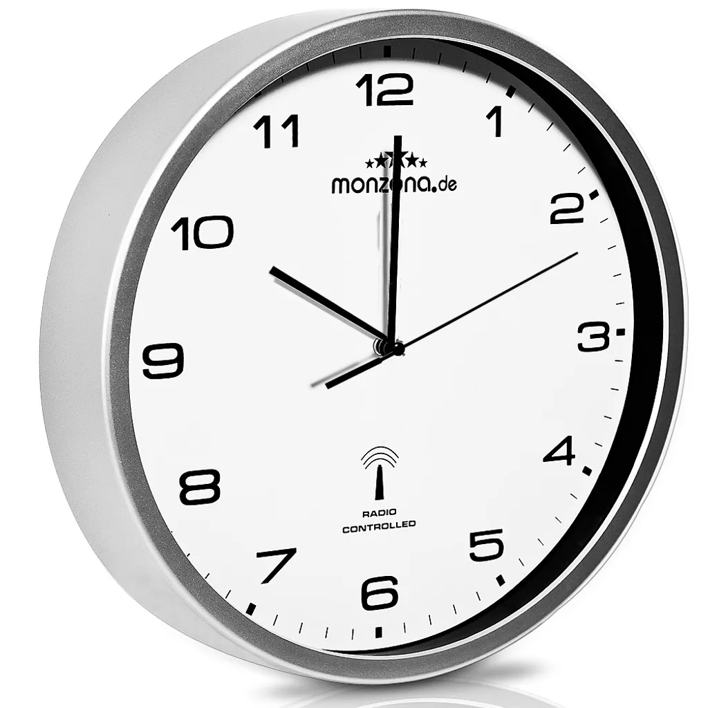 Monzana Wanduhr Funk Automatische Zeitumstellung Geräuscharm Quarzuhrwerk Analog 31cm Indoor Funkuhr Uhr Modern Weiß Silber – Bild 4