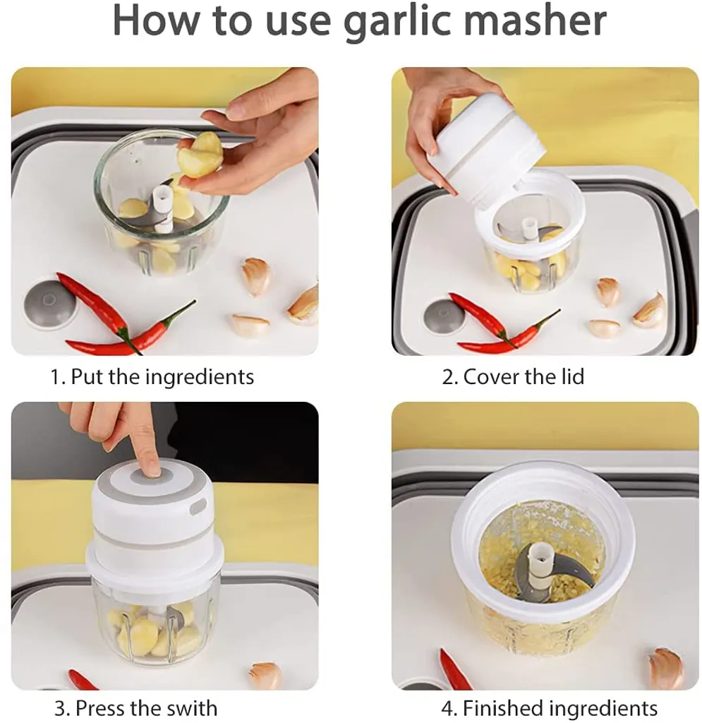 Mmgoqqt Elektrische Mini-Chopper-Küchenmaschine, Tragbare Knoblauchmühle, Kabelloser Kleiner Lebensmittel-Chopper Mit USB-Aufladung Für Ingwer-Zwiebel-Chili-Gemüse (250 Ml),Weiß,250ml – Bild 4