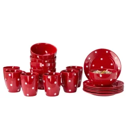 Van-Well Emily 18tlg Frühstücksset 6 Personen Rot Weiße Punkte Teller Kaffeebecher Schalen Geschirrset